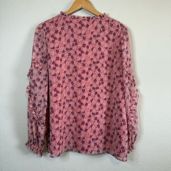 Talbots Pink Floral Ruffle Long Sleeve Sheer Overlay Whimsical Shirt Blouse Top - Picture 6 of 10